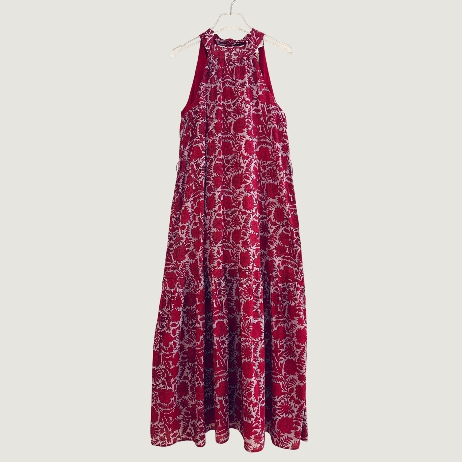 Nwt Cleobella Red Blue Print Halter Neck Tie Back & Belt Maxi Dress Size Medium